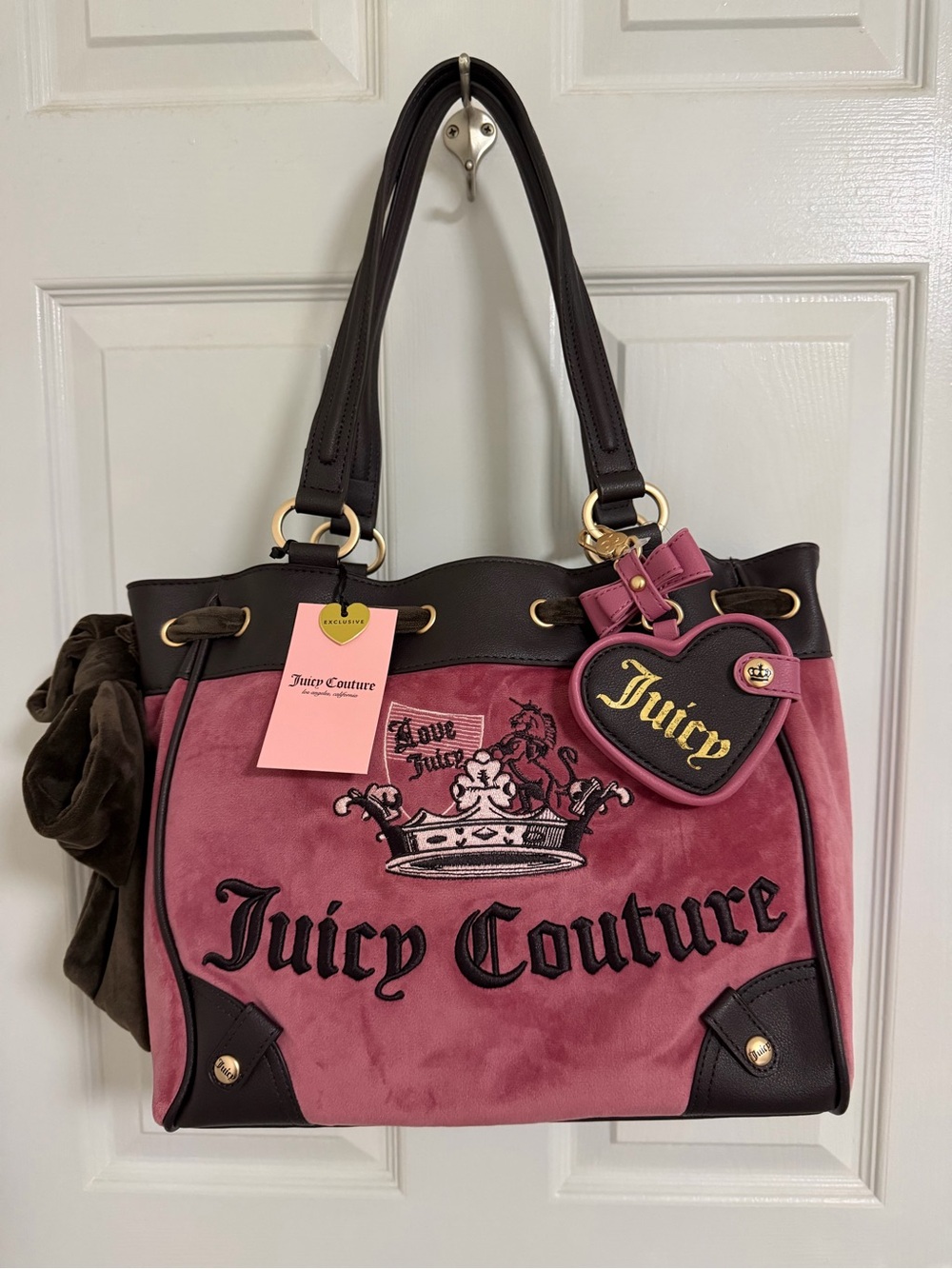 New Juicy Couture Juicy Crown Daydreamer Tote Shoulder Bag Red Pink Brown Pink